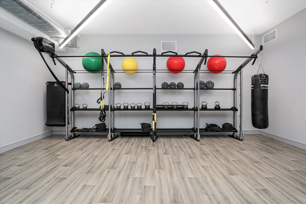 the weights are on display in the gym the weights are on display in the gym at Beekman on Broadway, Michigan, 48105